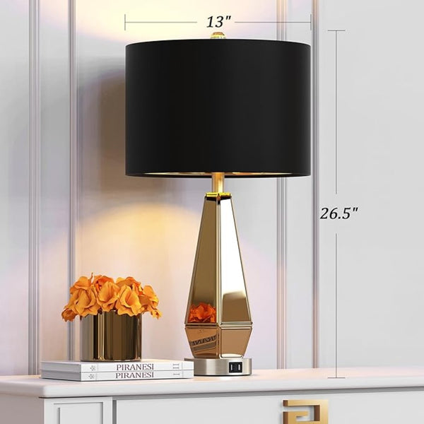 English Elm Set of 2 Mirrored Hexagonal Bedside Lamps with Usb Ports and Gold Foil Shades W3355P427415