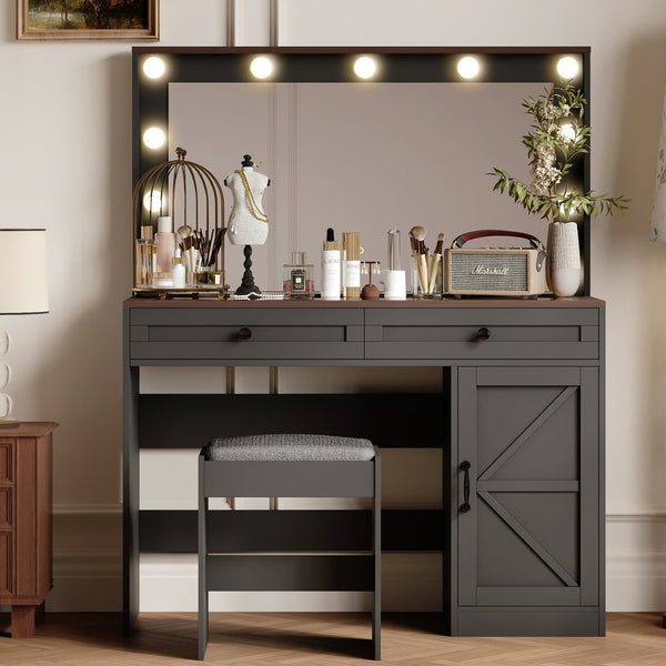 English Elm 43.4"Makeup Vanity Table with Large LED Mirror, Adjustable Brightness, 3 Drawers & Stool for Organized Glam Routine Black W2386P199525