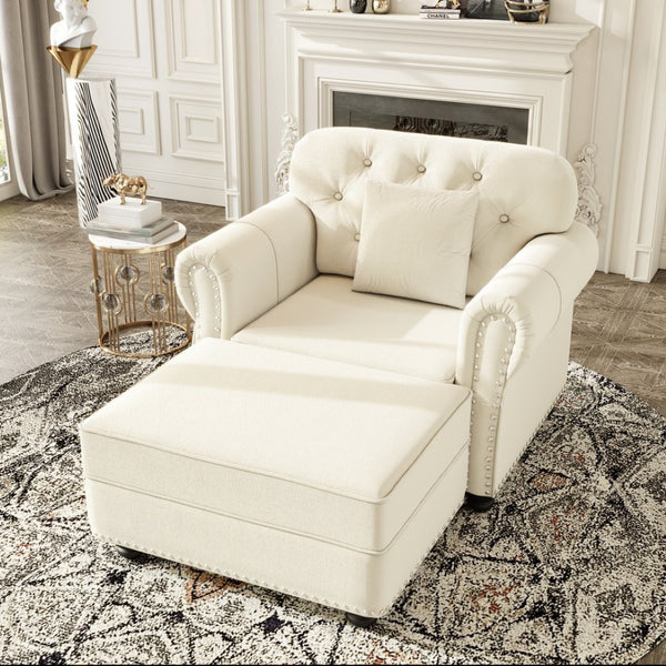 English Elm 41.3"upholstered Velvet Chesterfield Sofa Button Tufted with Nailhead Trim Reading Nook Beige+White W1885S00373