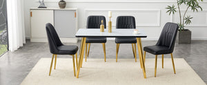 English Elm Table and Chair Set Marble Glass Top Gold Legs Black Pu Seats Modern Dining W1151S04650