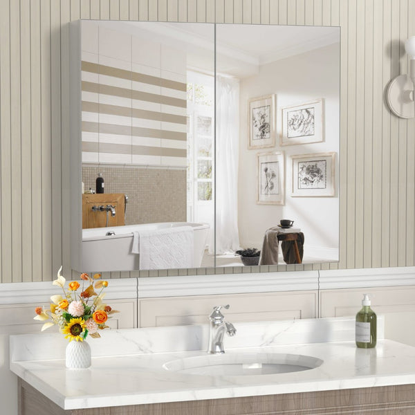English Elm 32'' Aluminum Medicine Cabinet Wall Mount Bathroom Mirror with Adjustable Shelves Silver W708P379207