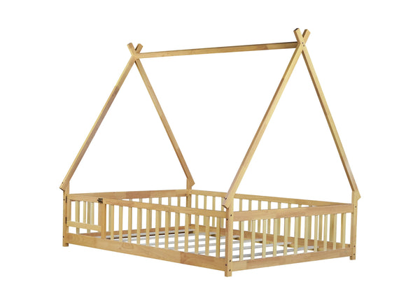 English Elm Full Size Rubber Wood Tent-Shaped Floor Bed With Guardrails & Door - Cozy, Modern Retreat For Kids W504P345788