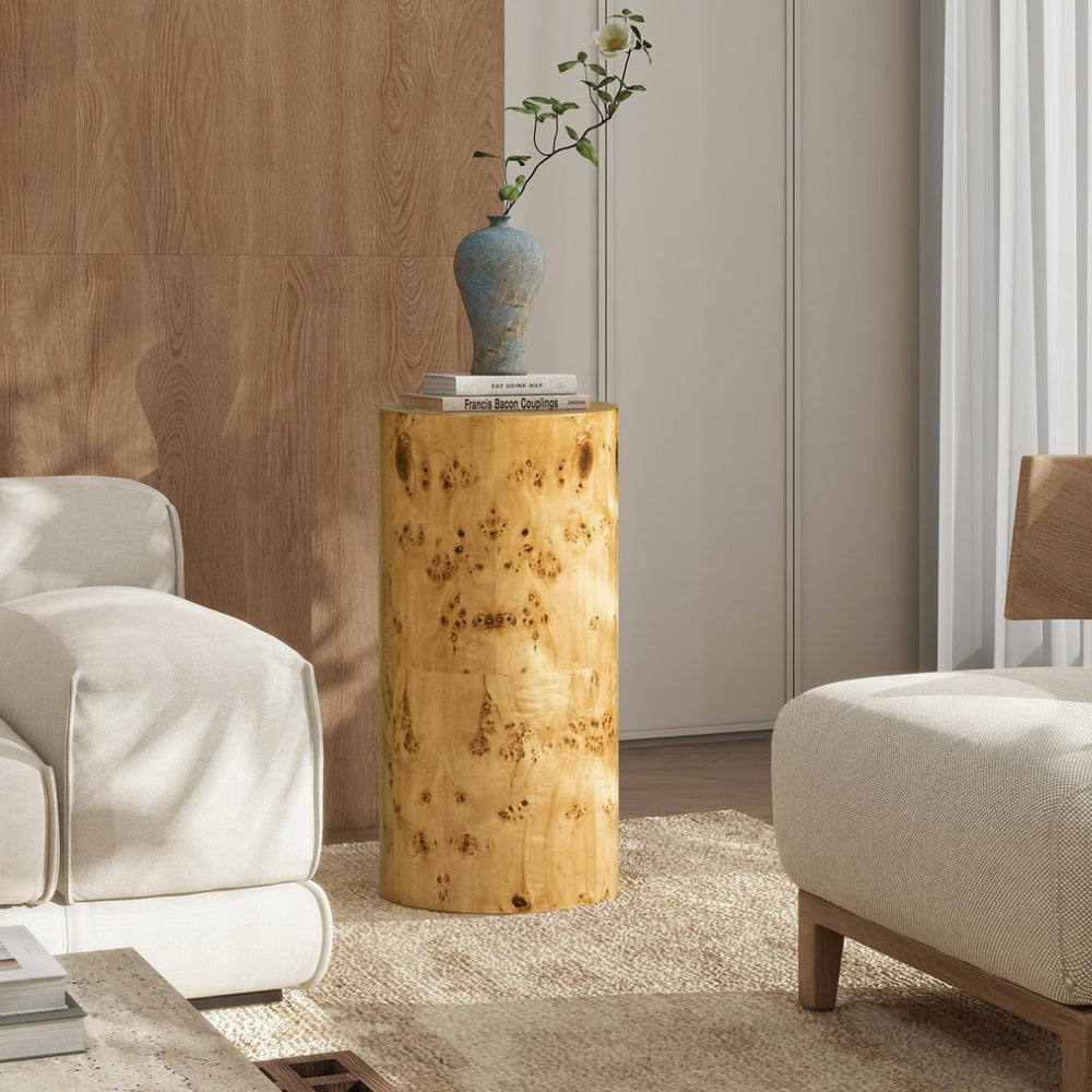 English Elm Nebula Burl Wood Pillar Side Table Sculptural Accent Pedestal Organic Grain Modern B2719P277869