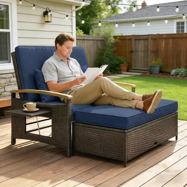 English Elm 4-in-1 Wicker Outdoor Daybed with Acacia Armrests Reclining Loveseat and Storage Ottoman Navy Blue T3971P484859