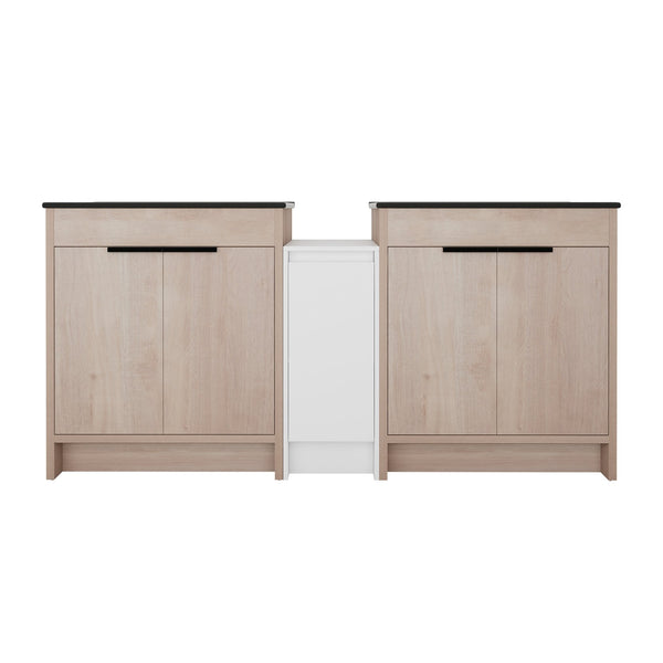 English Elm 72 Inch Freestanding Bathroom Vanity Set With Black Ceramic Sinks, Soft-Close Doors & Storage Solutions W999S00319