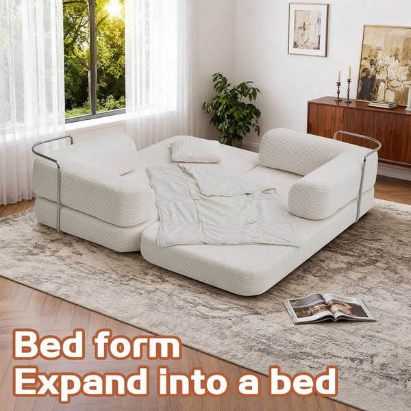 English Elm Floor Floor Couch Convertible 5-in-1 Corduroy Sofa Bed with Pillow-to-Blanket, Reinforced Frame Cream W3565P354961