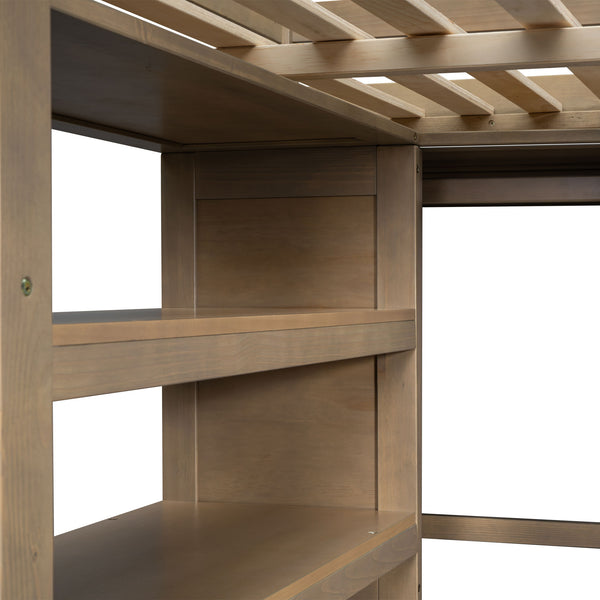 English Elm Wood Full Size Loft Bed with Built-In Desk, Wardrobe, Shelves & Drawers for Space-Saving Rooms Walnut GX000466AAD