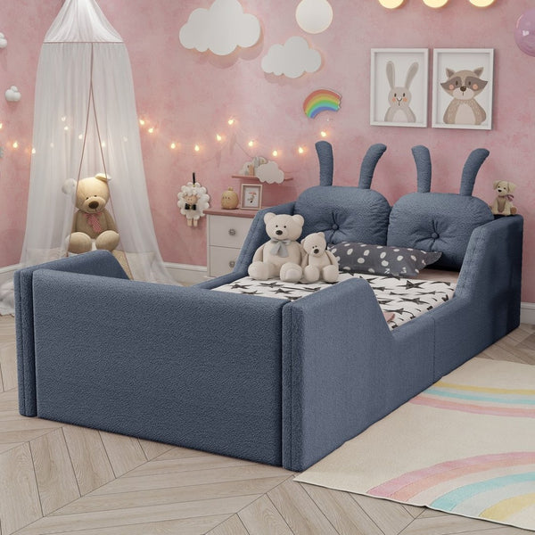 English Elm Twin Kids Platform Bed Teddy Fabric Upholstered with Bunny Cushions and Safety Rails Gray W2593P395809