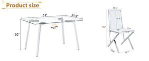 English Elm Table and Chair Set Tempered Glass Top with Silver Metal Legs Modern Luxury Dining for Four Transparent,White+Silver W1151S04788