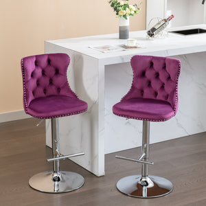 English Elm Swivel Velvet Barstools Adjustable 25–33" Height, Tufted Back, Chrome 17.7" Base, Purple Set of 2 W1143137914