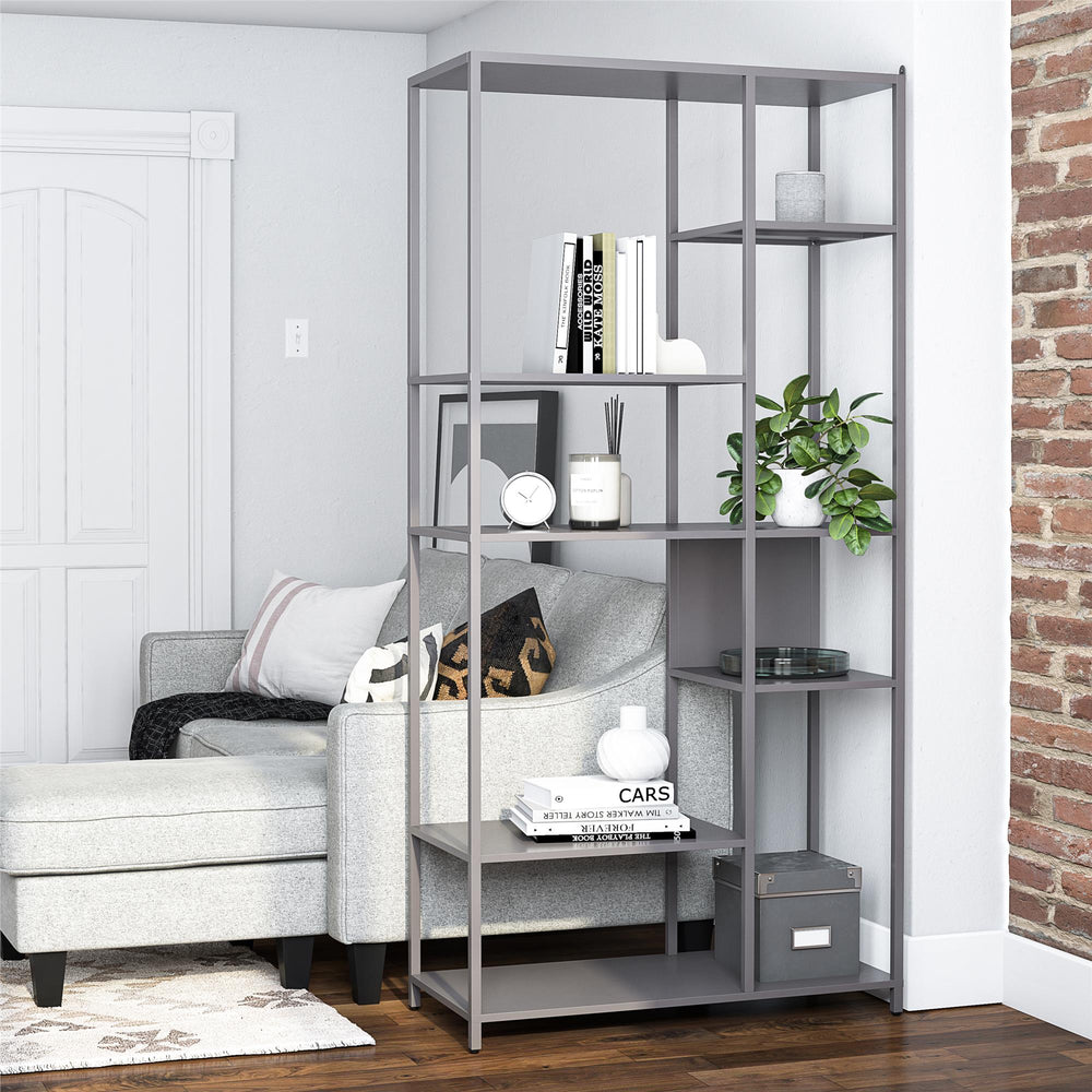 English Elm Mission District Metal Bookcase Room Divider — Powder-Coated Steel, 6 Varied Shelves for Stylish Storage and Space Zoning B2733P395260