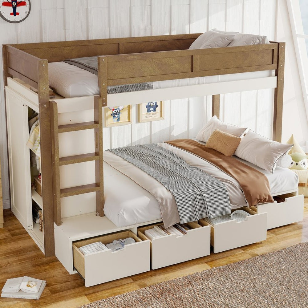 English Elm Twin Triple Bunk Bed Metal L-shaped Frame Sleeps Three Kids White Finish Beige,Natural W1580S00473