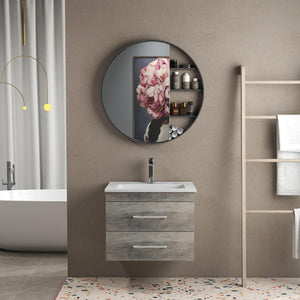 English Elm 24-Inch Modern Grey Wood Grain Wall-Mounted Bathroom Vanity With Soft-Close Drawers & Sink W3151S00014