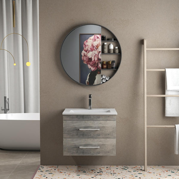 English Elm 24-Inch Modern Grey Wood Grain Wall-Mounted Bathroom Vanity With Soft-Close Drawers & Sink W3151S00014