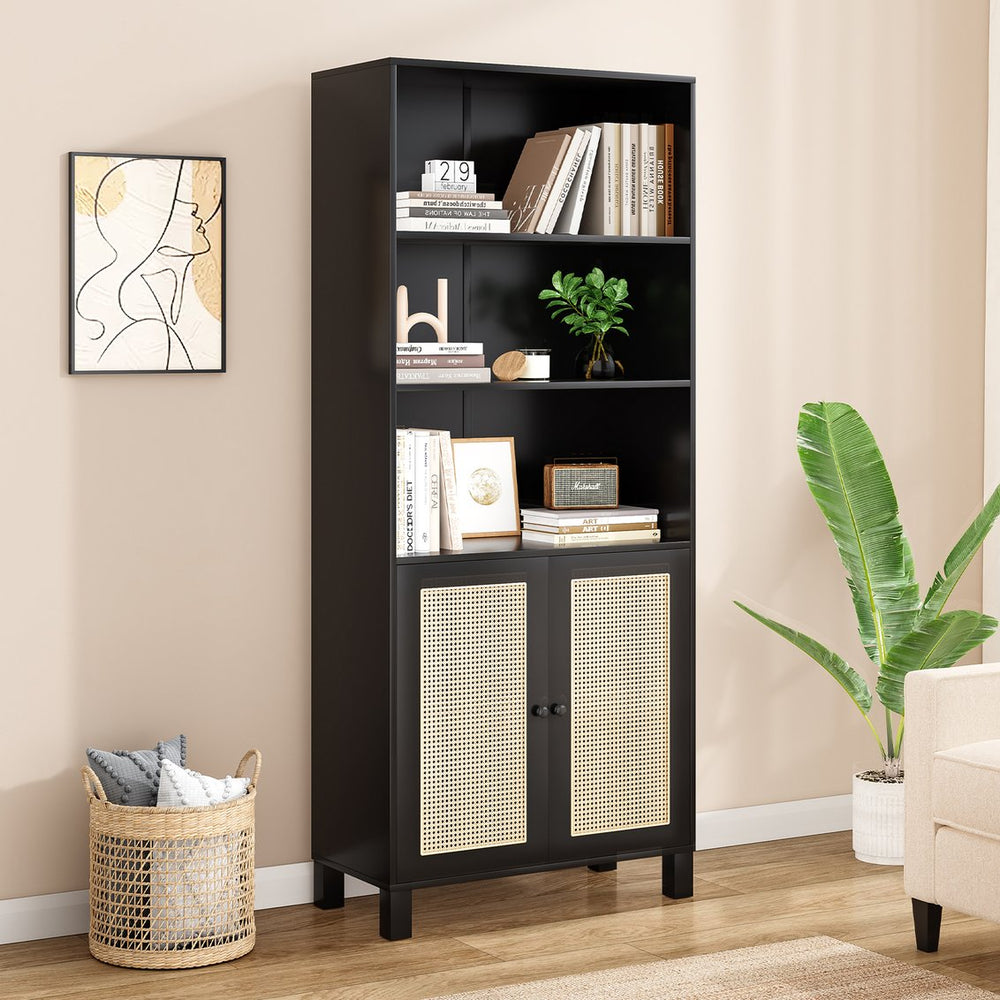 English Elm Tall Rattan Door Bookcase with 5 Shelves — Stylish Tall Storage Shelf for Living Room Office LibraryBedroom Black T3623P379897