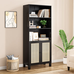 English Elm Tall Rattan Door Bookcase with 5 Shelves — Stylish Tall Storage Shelf for Living Room Office LibraryBedroom Black T3623P379897