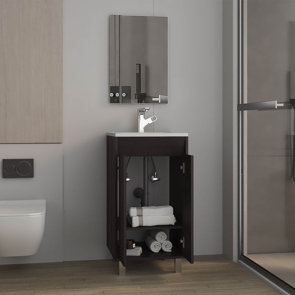 English Elm Bathroom Compact vanity cabinet with sink and mirror, 2-door storage, 2 shelves, 4 legs, engineered durability Black 37.01 L x 22.05 W x 12.2 H B097P350301
