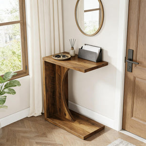 English Elm Modern Two Tier End Table Black Metal Frame Wood Grain Surface for Living Room T3971P453700