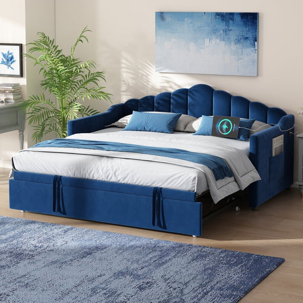 English Elm Upholstered Twin Daybed with Pop up Trundle Velvet Frame and Built in Usb Charging Blue N733S410648C