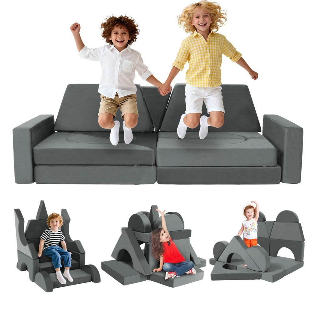 English Elm 14pcs Modular Foam Play Couch Set Convertible Toddler Fort Builder for Playrooms Light Gray T5880P493447