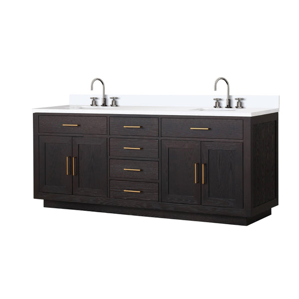 English Elm Black Oak Double Bath Vanity 80" W x 22" D with White Quartz Top, Soft-Close Drawers & Chrome Faucets B2731P260870