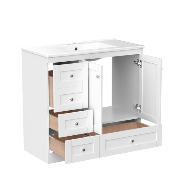 English Elm 36 Inch Shaker Bathroom Vanity with Ceramic Sink Four Soft Close Drawers White Mdf N729P414619K