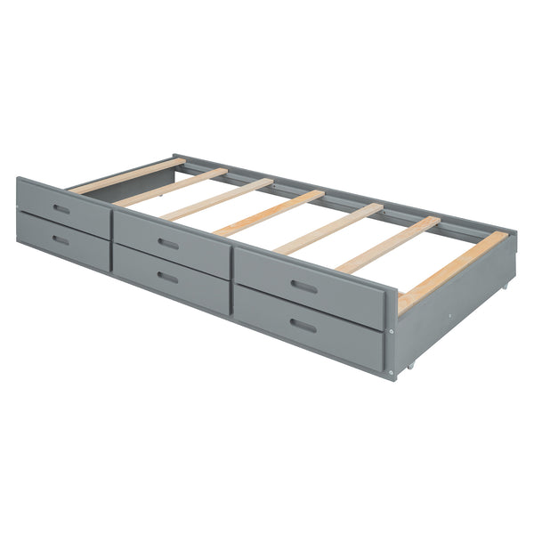 English Elm Twin Storage Bed with Headboard Outlets, Extendable Trundle & 3 Drawers, Durable MDF/Plywood Design Gray 45.5 L x 21.5 W x 8 H N733S172839E
