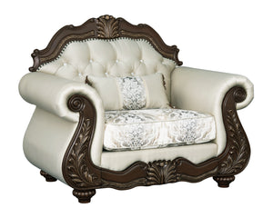 English Elm Pierce Beige Button-Tufted Accent Chair with Floral Trim & Pillow, 25" Seat, Pocket Coil Comfort B2726S00274