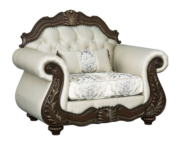 English Elm Pierce Beige Button-Tufted Accent Chair with Floral Trim & Pillow, 25" Seat, Pocket Coil Comfort B2726S00274