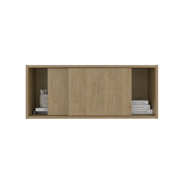 English Elm Note Floating Wall Cabinet with Sliding Doors Slim Mounted Storage for Any Room Natural Wood B070P462899