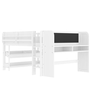 English Elm Twin Low Loft Bed Solid Pine Frame Kids Study Desk Blackboard Storage White Light White W1580S00299