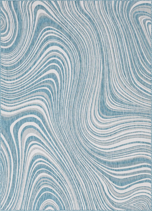 Unique Loom Outdoor Modern Pool Machine Made Abstract Rug Light Aqua, Blue/Ivory 8' 0" x 11' 4"