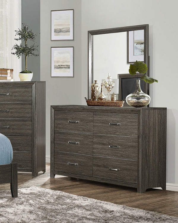 English Elm Dark Gray Six Drawer Dresser with Chrome Pulls for Contemporary Bedroom Storage B011P199392