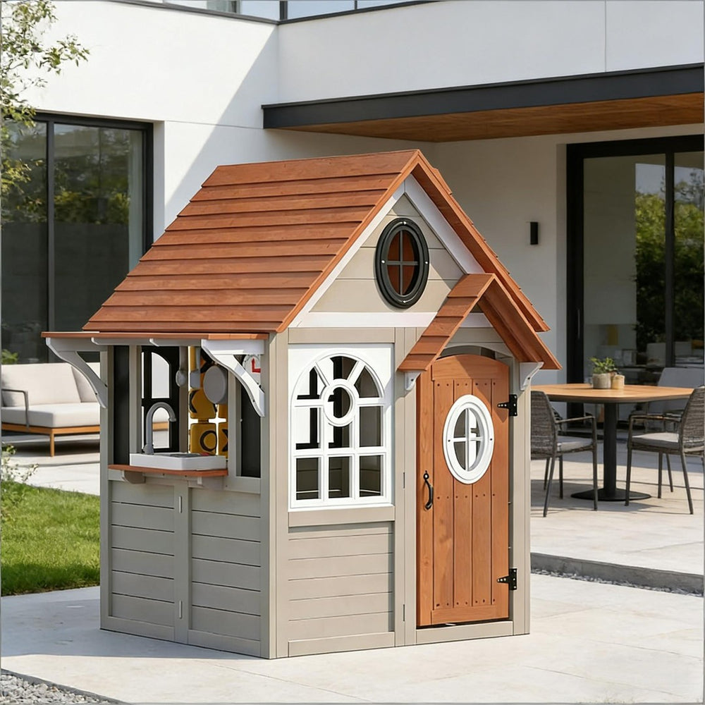 English Elm Comfortable Solid Fir Wood Outdoor Playhouse with Stove Blackboard and Doorbell T3971P491789
