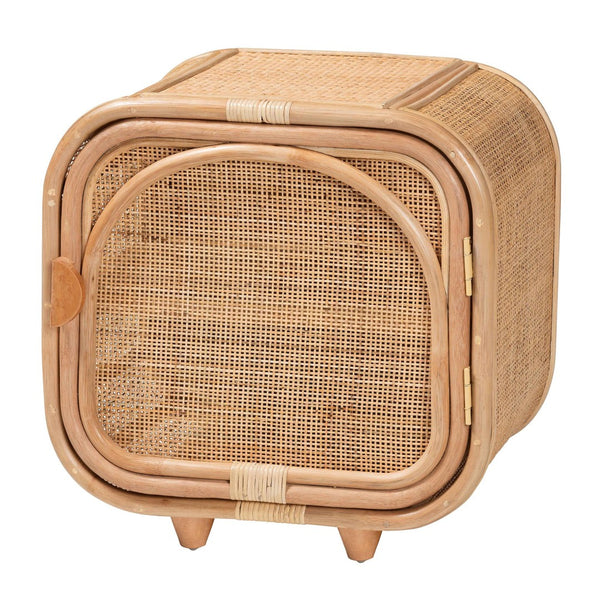 English Elm Bohemian Rattan Woven Mahogany Nightstand with Shelved Storage for Eclectic Bedrooms B2750P420406