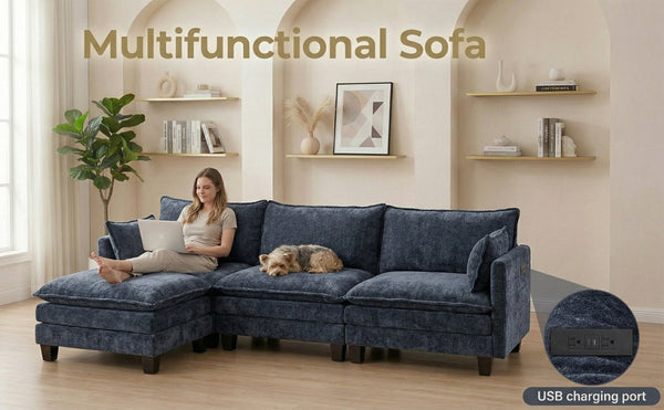 English Elm Modern Chenille Three Seat Sofa with Ottoman Usb Charging Ports and Storage Pockets Blue W2519S00004