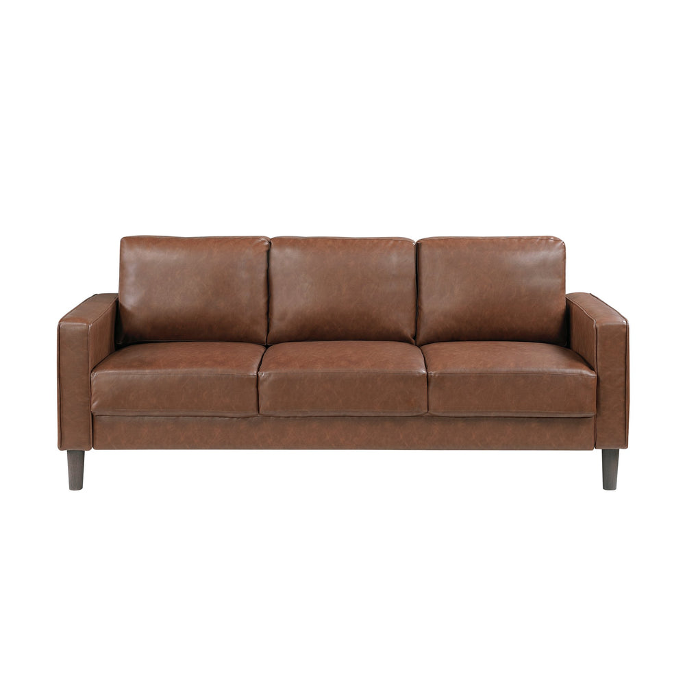 English Elm Modern Malcolm 3-Seater Faux Leather Sofa with Track Arms and Welt Trim, Solid Wood Frame, Comfortable Seating Chocolate 68 L x 26 W x 18 H B011P395010