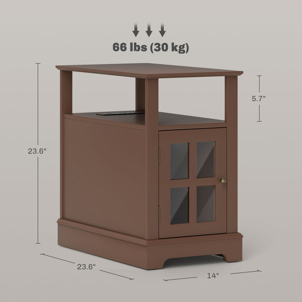English Elm HOMCOM Narrow End Table with Built-In Charging Station, Hidden Glass Storage and Open Shelf Elegance Brown W2225P229465
