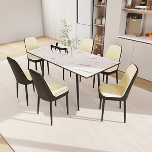 English Elm 47"-63" Extendable Dining Set Six Pu Leather Chairs Mdf Top Black Metal Legs Modern Beige+White W2189S00920