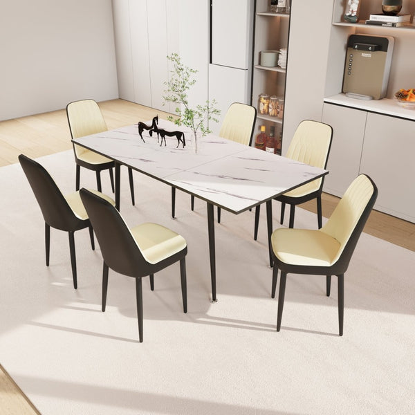 English Elm 47"-63" Extendable Dining Set Six Pu Leather Chairs Mdf Top Black Metal Legs Modern Beige+White W2189S00920