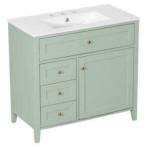 English Elm 36-Inch Green Bathroom Vanity With Sink - Modern Mdf & Rubberwood Freestanding Storage Solution N725P350821F