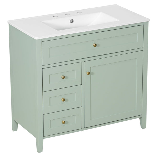English Elm 36-Inch Green Bathroom Vanity With Sink - Modern Mdf & Rubberwood Freestanding Storage Solution N725P350821F