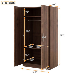 English Elm 2-Door Pine Wood Wardrobe Armoire with Rod & 3 Shelves, Brown Grain Finish—Sturdy 300lb Capacity GX001833AAD