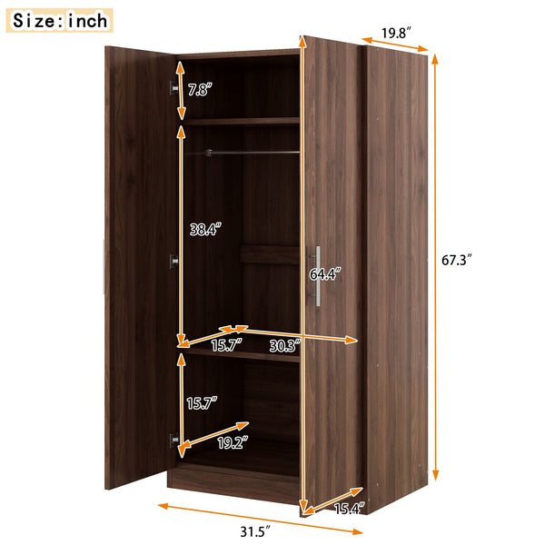 English Elm 2-Door Pine Wood Wardrobe Armoire with Rod & 3 Shelves, Brown Grain Finish—Sturdy 300lb Capacity GX001833AAD
