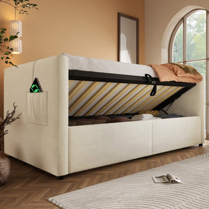 English Elm Upholstered Twin Daybed with Hydraulic Storage, Velvet Tufted Sofa Back, USB & Type-C Charging Port Beige N736P303402B