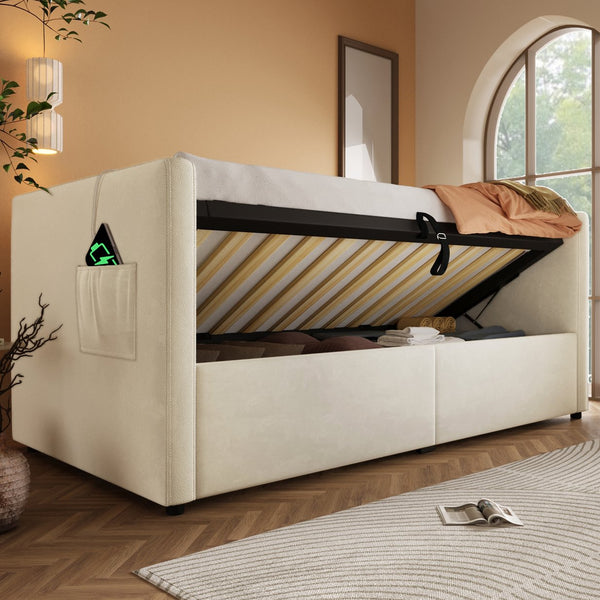 English Elm Upholstered Twin Daybed with Hydraulic Storage, Velvet Tufted Sofa Back, USB & Type-C Charging Port Beige N736P303402B