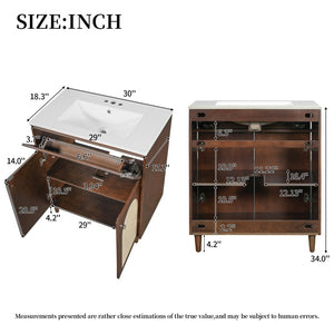 English Elm 30" Rattan Front Bathroom Vanity Solid Pine Cabinet with Ceramic Sink and Adjustable Shelf Walnut N710P293988P