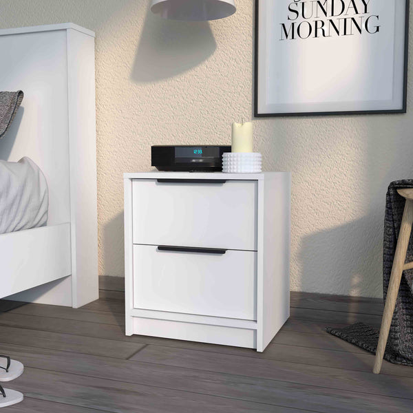 English Elm Washington White Nightstand with Two Large Drawers and Open Shelf — Elegant Compact Bedroom Storage B128P148987