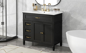 English Elm 36" Modern Bathroom Vanity with Ceramic Sink, Solid Wood + MDF Frame, Sleek Freestanding Design Black N725P195410B