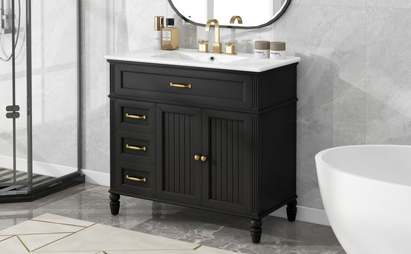 English Elm 36" Modern Bathroom Vanity with Ceramic Sink, Solid Wood + MDF Frame, Sleek Freestanding Design Black N725P195410B
